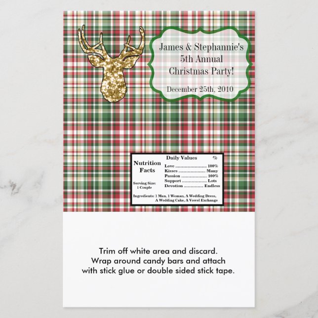 Hershey's Large Bar Wrapper Gold Glitter Reindeer (Front)