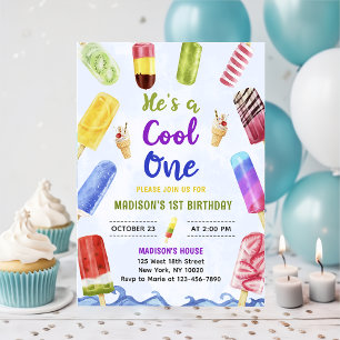 He's a Cool One Boy Popsicle 1st Birthday Party Invitation