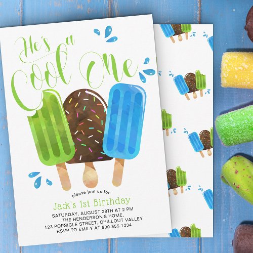 Hes a Cool One Boy Popsicle First Birthday Invitation