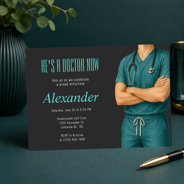Hes a Doctor Now Photo Invite (He’s a Doctor Now invitation, modern teal medical graduation party design)