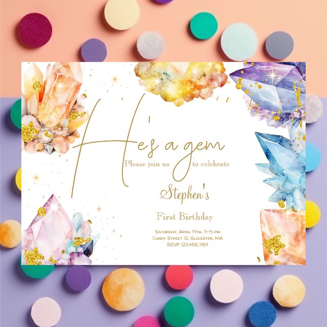 He's a Gem Birthday Crystals Boy's watercolor Invitation (Creator Uploaded)
