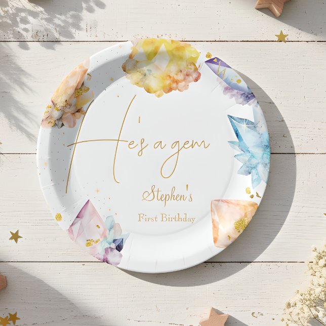 He's a Gem Birthday Crystals Boy's watercolor Paper Plates (Creator Uploaded)