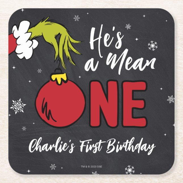 He's a Mean One | Grinch Birthday Square Paper Coaster (Front)