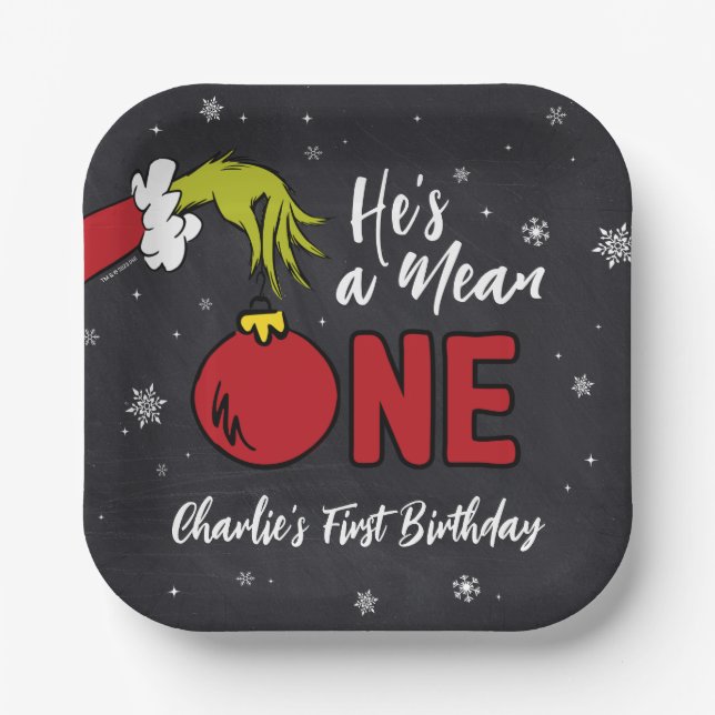 He's a Mean One | Grinch Chalkboard Birthday Paper Plates (Front)