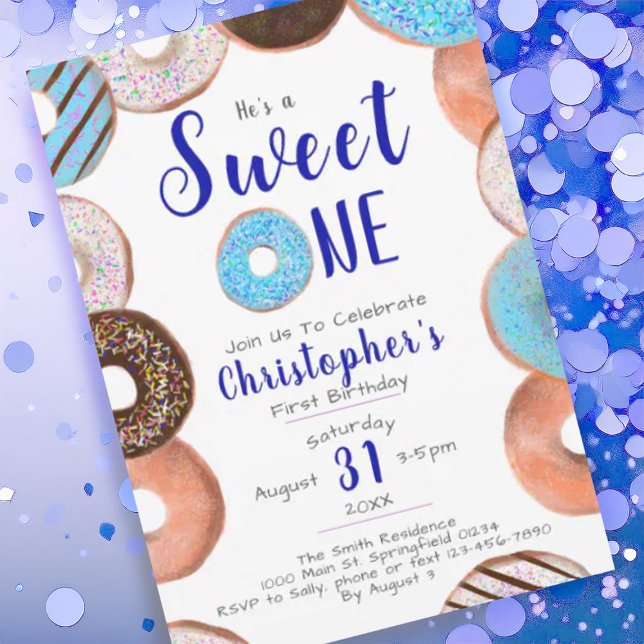 He's A Sweet One Donut Blue Boy 1st Birthday Party Invitation (Creator Uploaded)