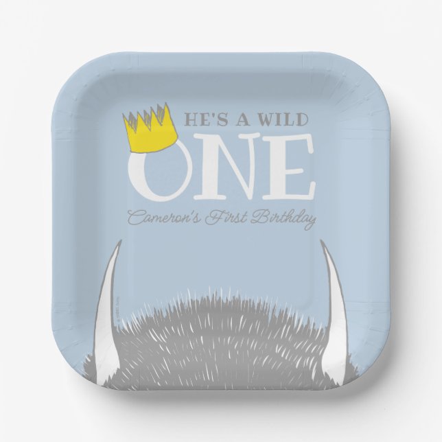 He's a Wild One - 1st Birthday Crown Blue Paper Plates (Front)