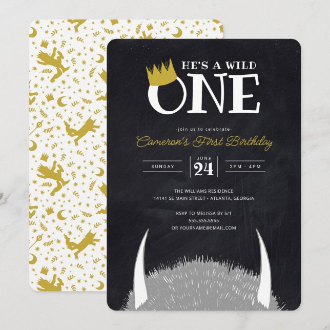 He's a Wild One - 1st Birthday Crown Chalkboard Invitation (Front/Back)