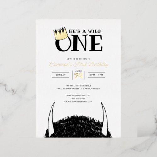 Hes a Wild One _ 1st Birthday Gold Crown  Foil Invitation
