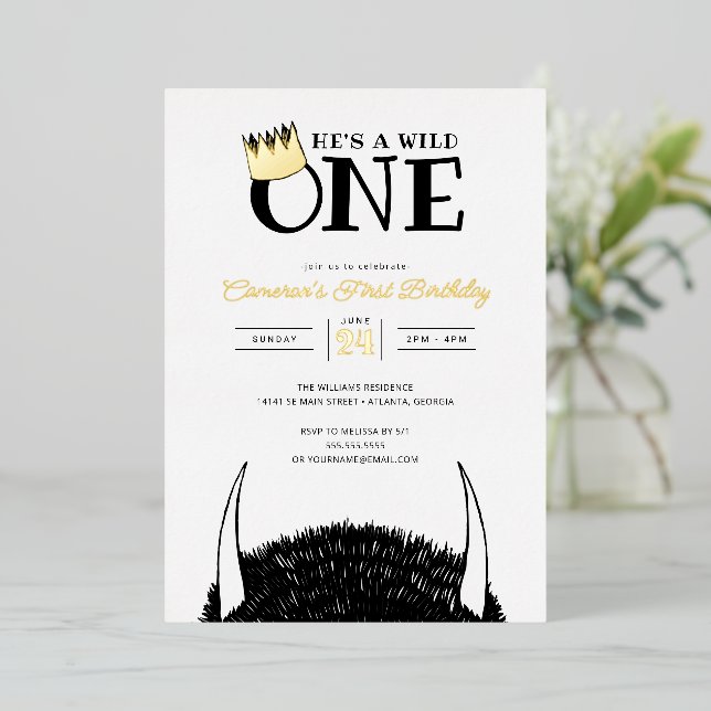 He's a Wild One - 1st Birthday Gold Crown  Foil Invitation (Standing Front)