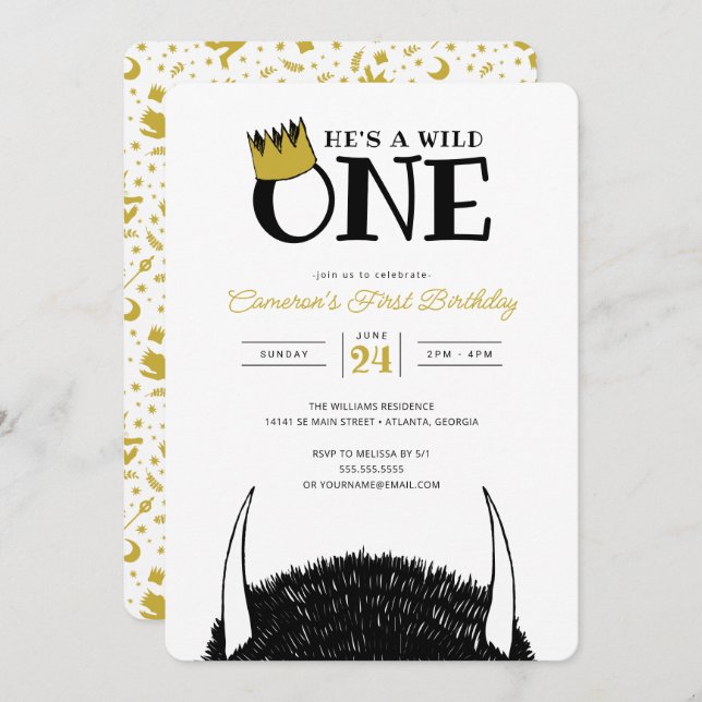 He's a Wild One - 1st Birthday Gold Crown Invitation (Front/Back)