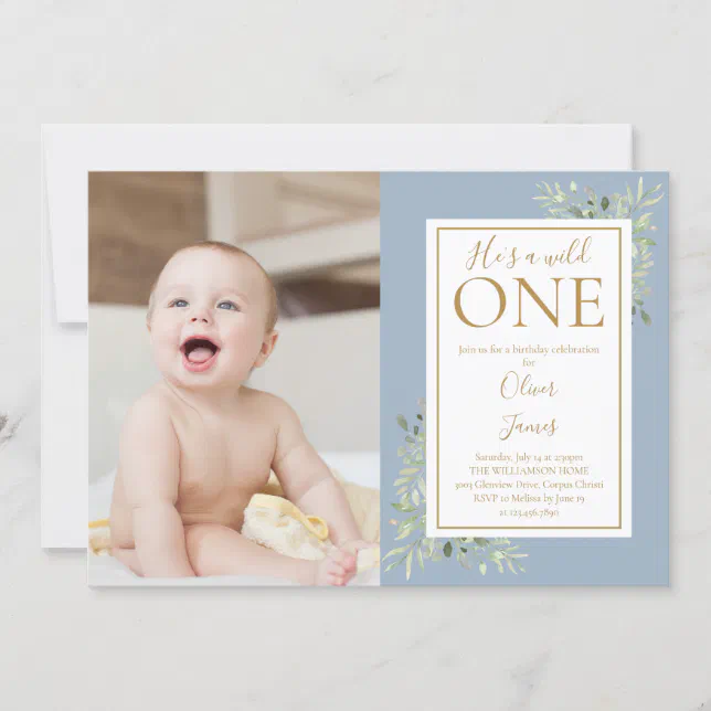 He's A Wild One 1st Birthday Greenery Blue Photo Invitation | Zazzle