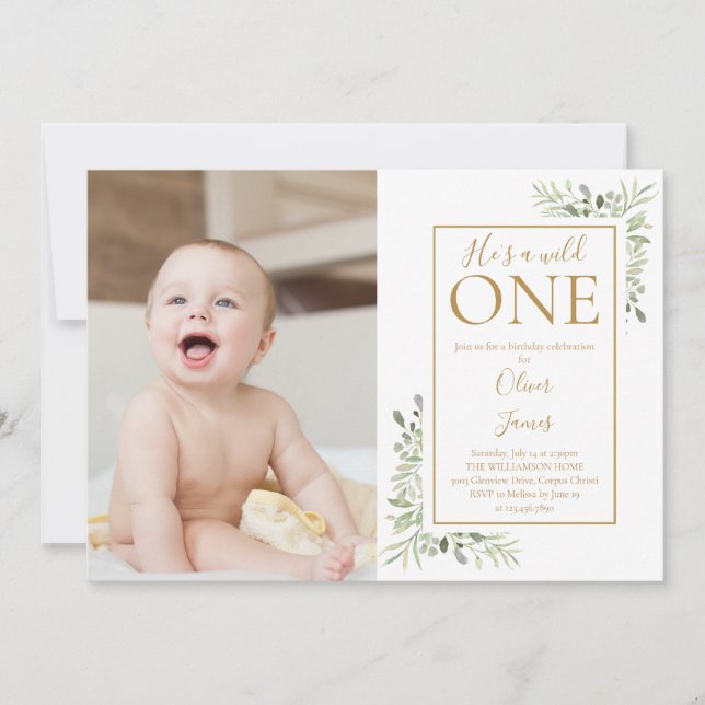 He's A Wild One 1st Birthday Greenery Photo Invitation (Front)