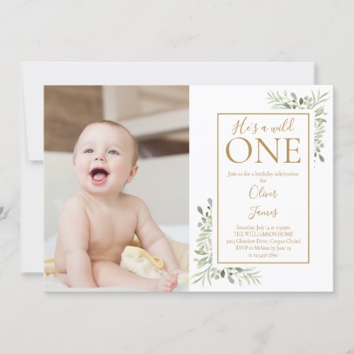 Hes A Wild One 1st Birthday Greenery Photo Invitation