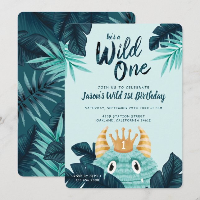 He's a Wild One Blue Monster & Tropical Jungle Invitation (Front/Back)