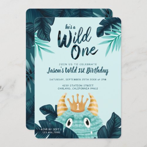 Hes a Wild One Blue Monster  Tropical Jungle Invitation