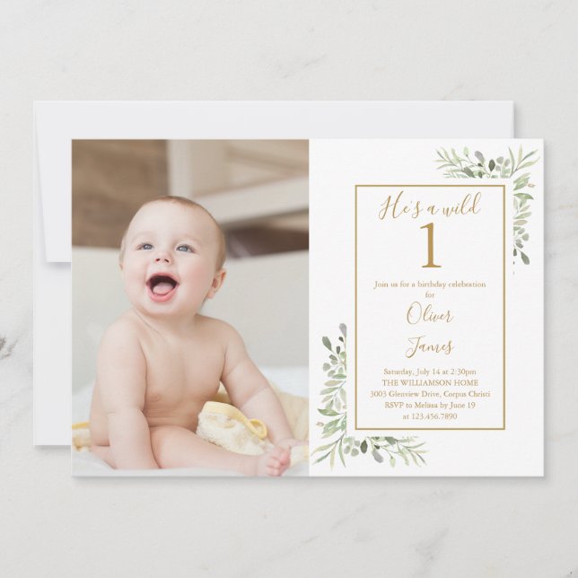 He's A Wild One Boy 1st Birthday Greenery Photo Invitation (Front)