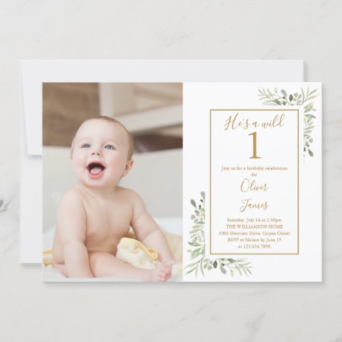 Hes A Wild One Boy 1st Birthday Greenery Photo Invitation