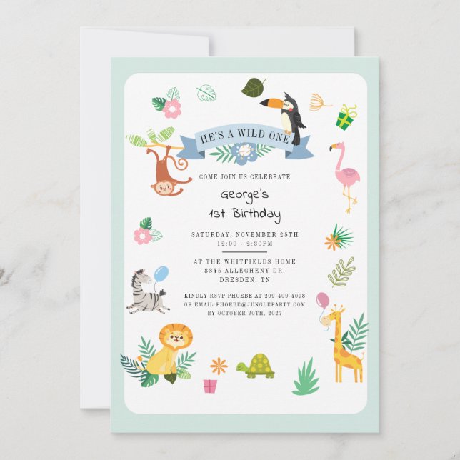 He's A Wild One Jungle Animals 1st Birthday Invitation (Front)