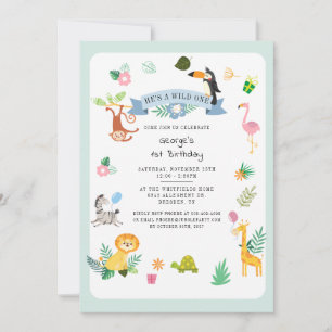 He's A Wild One Jungle Animals 1st Birthday Invitation