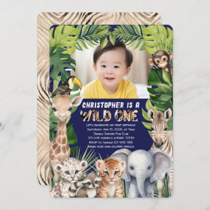 Hes a wild one, Navy Safari 1st birthday photo Invitation