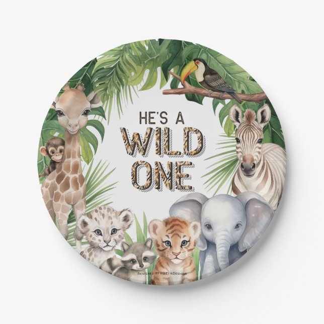 Hes a wild one Safari 1st birthday snacks Paper Plates (Front)