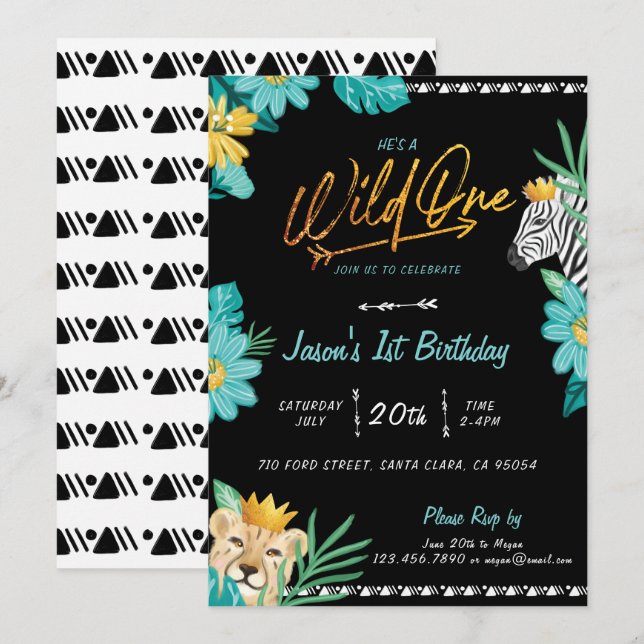 He's A Wild One Tropical Jungle Tribal Birthday Invitation (Front/Back)