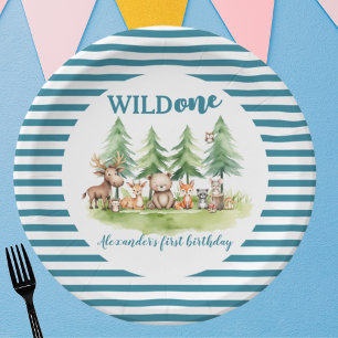 He's a wild one - Woodland Animals 1st B-day Blue Paper Plates