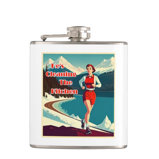 He's Cleaning The Kitchen Sassy Runner Flask (Front)