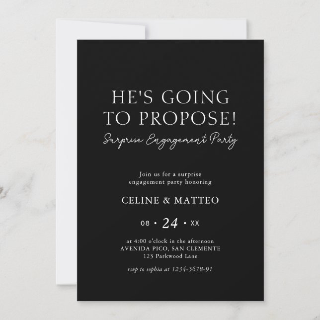 He's Going to Propose! | Black Surprise Engagement Invitation (Front)