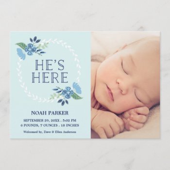He's Here | Birth Announcement by FINEandDANDY at Zazzle