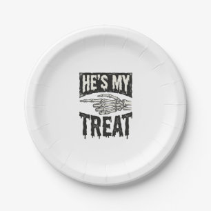 He's My Treat Skeleton Hand Halloween Shirt Design Paper Plates