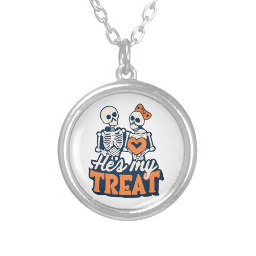 Hes My Treat Skeleton Matching Couple Halloween  Silver Plated Necklace