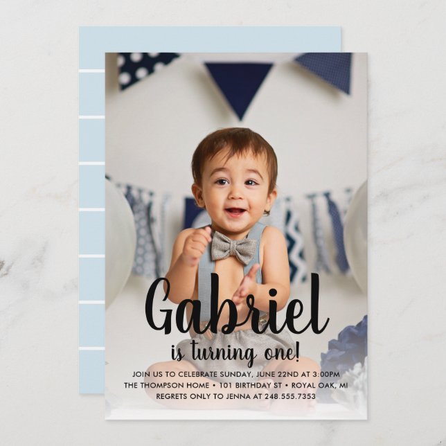 He's Turning One Blue Boy's First Birthday Photo Invitation (Front/Back)