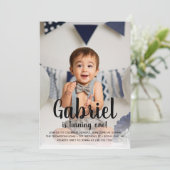 He's Turning One Blue Boy's First Birthday Photo Invitation (Standing Front)