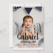 He's Turning One Blue Boy's First Birthday Photo Invitation (Front)