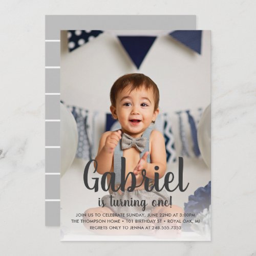 Hes Turning One Gray Boys First Birthday Photo Invitation