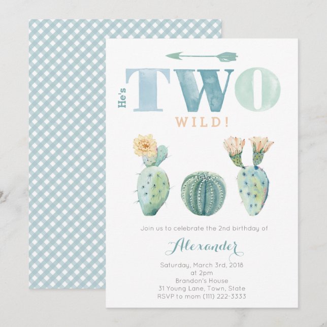 He's TWO wild  2nd birthday cactus party for bpy Invitation (Front/Back)