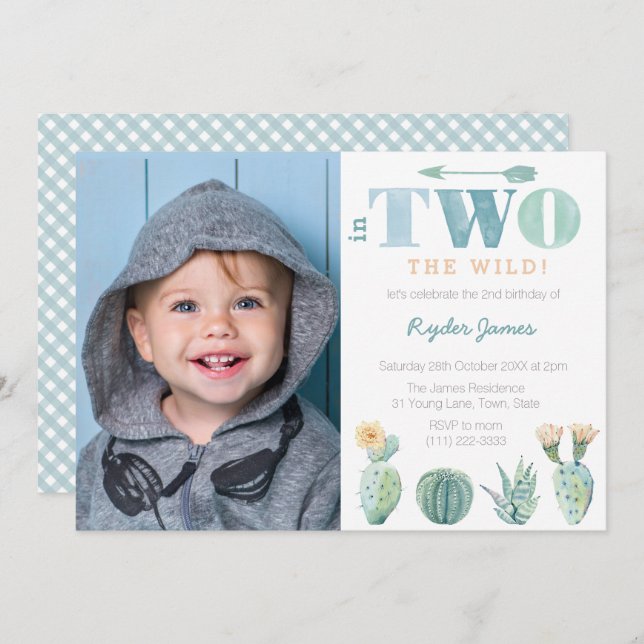 He's TWO Wild! Boy 2nd Birthday Party Photo Invitation (Front/Back)