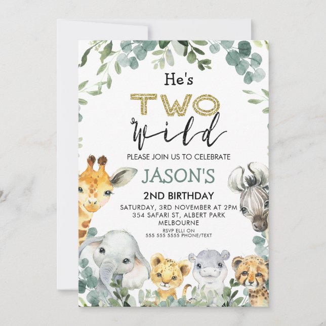 He's Two Wild Foliage Safari 2nd Birthday Invitation (Front)