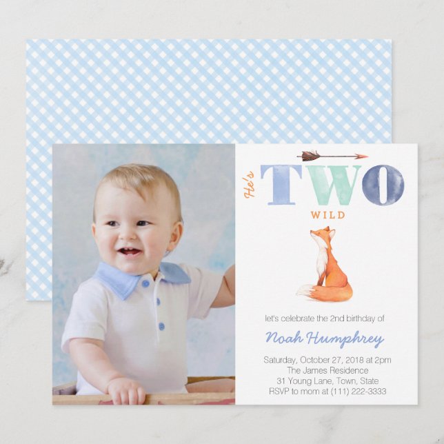 He's TWO wild, fox 2nd Birthday Party for Boy Invitation (Front/Back)