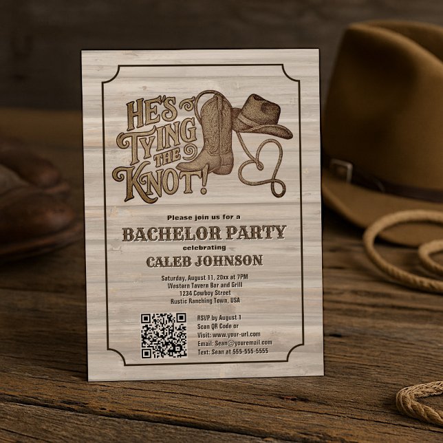 He's Tying the Knot Cowboy Bachelor Party QR Code Invitation (Creator Uploaded)