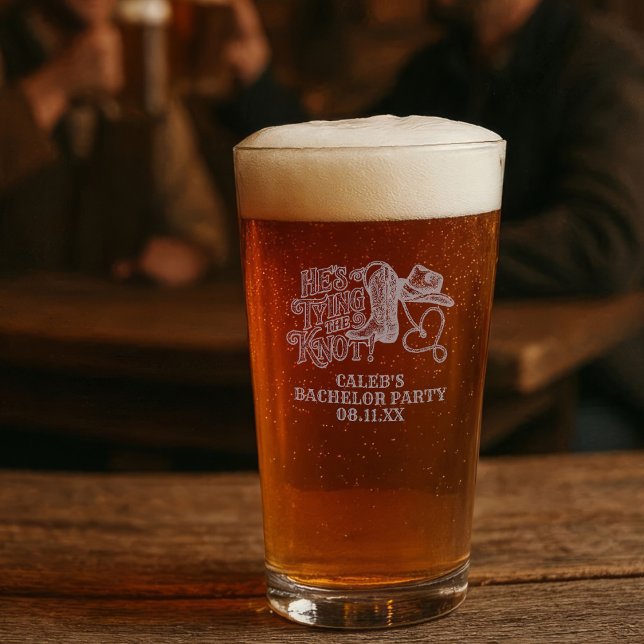 He's Tying the Knot Cowboy Lasso Bachelor Party Pint Glass (Creator Uploaded)