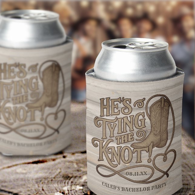 He's Tying the Knot Cowboy Woodcut Bachelor Party Can Cooler (Creator Uploaded)
