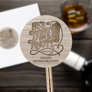He's Tying the Knot Rustic Cowboy Bachelor Party Classic Round Sticker