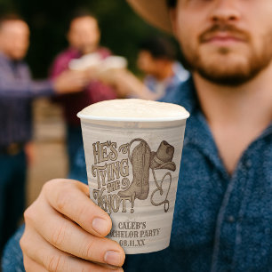 He's Tying the Knot Rustic Cowboy Bachelor Party Paper Cups