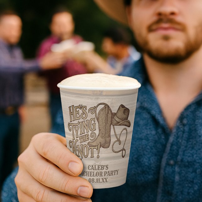He's Tying the Knot Rustic Cowboy Bachelor Party Paper Cups (Creator Uploaded)