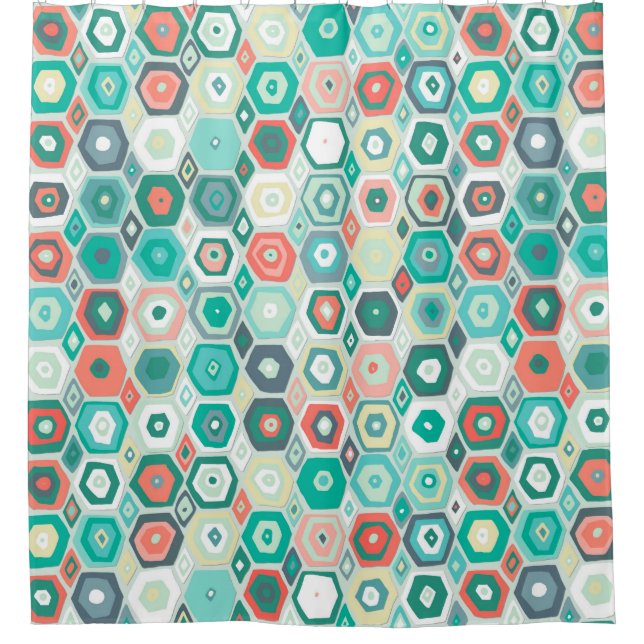 hex diamond coral mint shower curtain (Front)