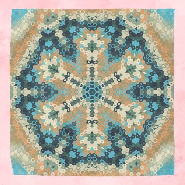 Hex Mandala Blue and Orange Bandana (Blue and Orange Hexagon Mandala Bandana by Wormhole Orbital)