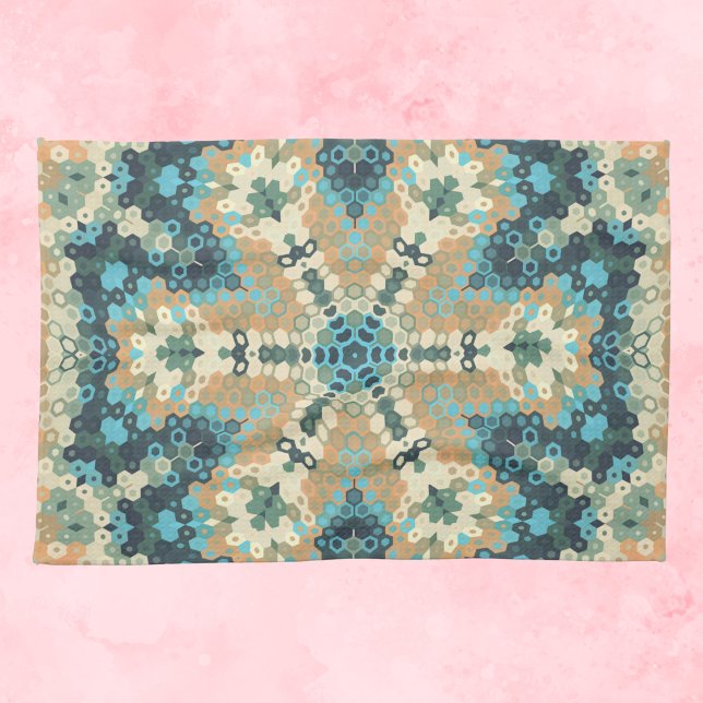Hex Mandala Blue and Orange Kitchen Towel (Blue and Orange Hexagon Mandala Kitchen Towel by Wormhole Orbital)