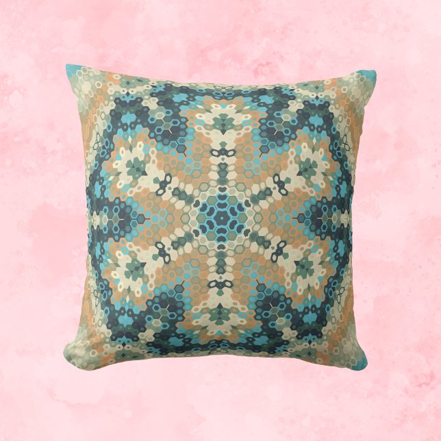 Hex Mandala Blue and Orange Throw Pillow (Blue and Orange Hexagon Mandala Throw Pillow by Wormhole Orbital)